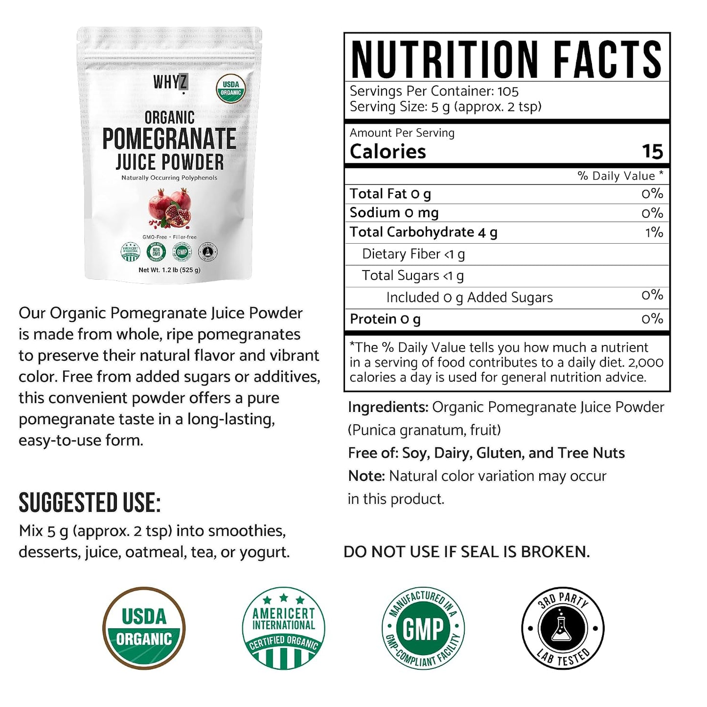 Organic Pomegranate Juice Powder Natural Superfood Unsweetened & No Additives, 525g
