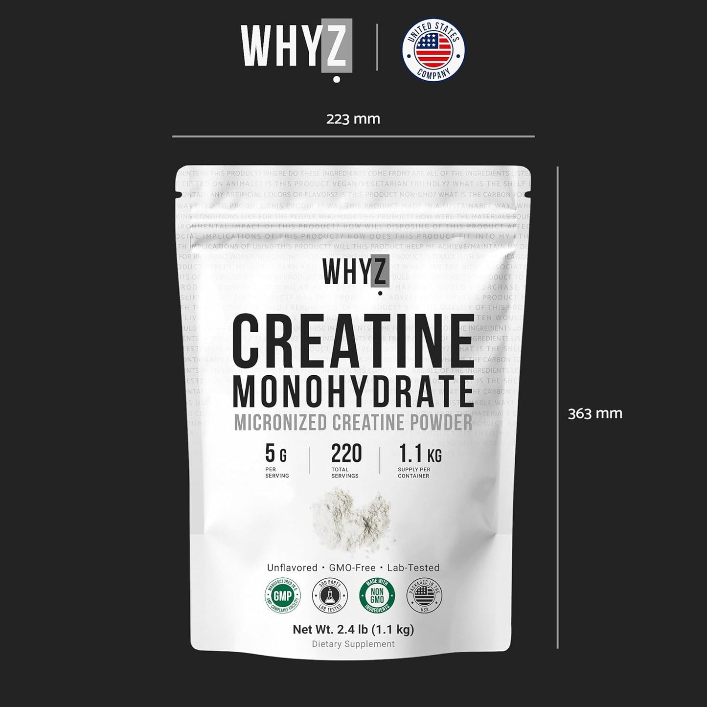 WHYZ Pure Creatine Monohydrate Powder, 2.4 lb, 1100g