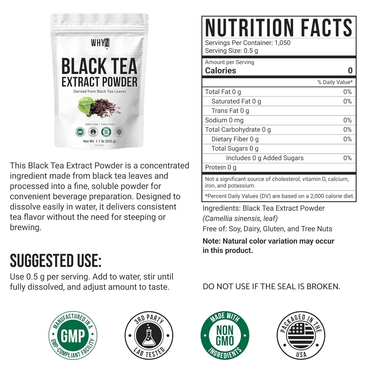 WHYZ Instant Black Tea Extract Powder, Unsweetened Iced Tea, 525g , 1050 Servings
