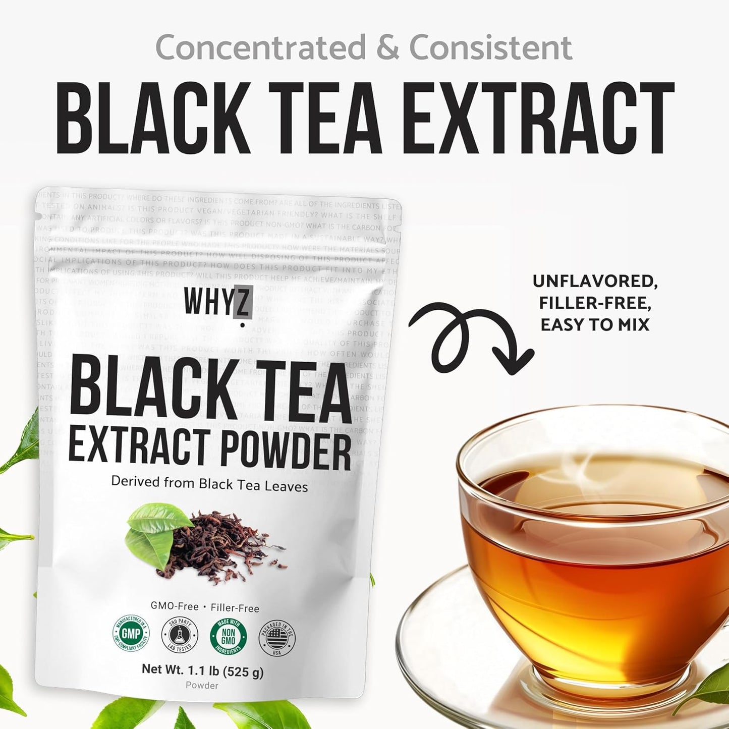 WHYZ Instant Black Tea Extract Powder, Unsweetened Iced Tea, 525g , 1050 Servings