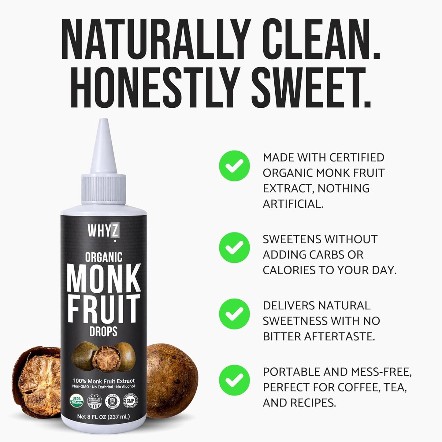 WHYZ Organic Monk Fruit Liquid Sweetener Drops, 8 OZ