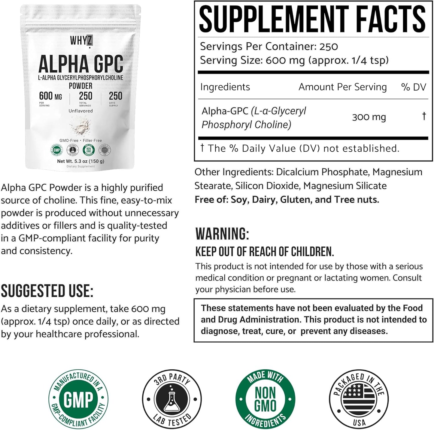 WHYZ Alpha GPC Powder Alpha-Phosphorylcholine Choline Supplement , 5.3 oz, 150g
