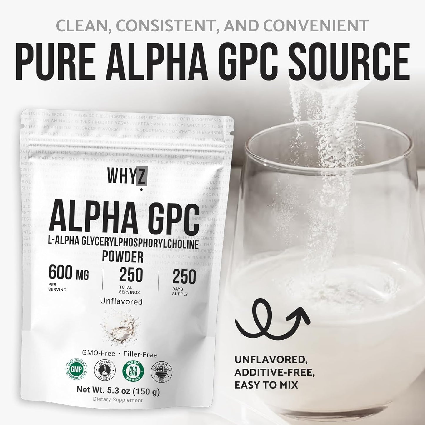 WHYZ Alpha GPC Powder Alpha-Phosphorylcholine Choline Supplement , 5.3 oz, 150g