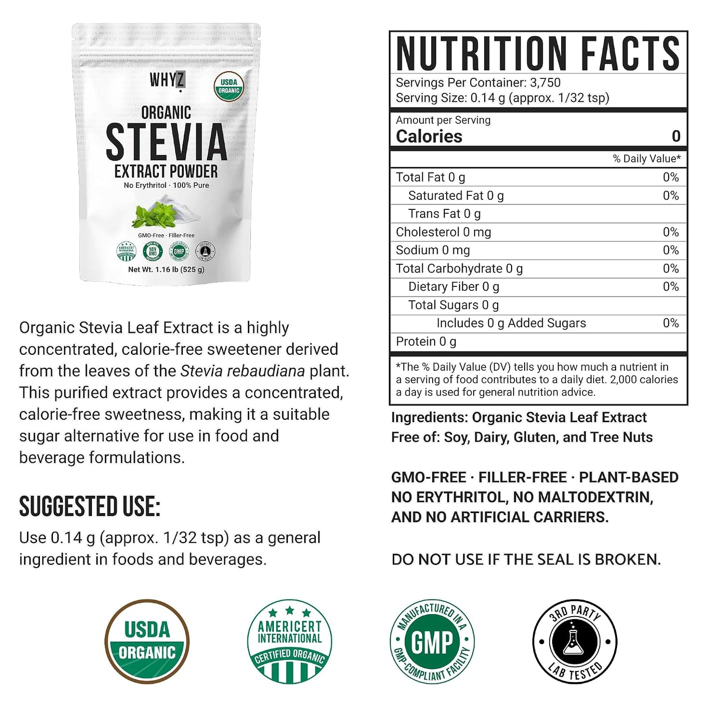 Organic Stevia Extract Powder,Zero Calorie, Pure Stevia Extract, 525 g