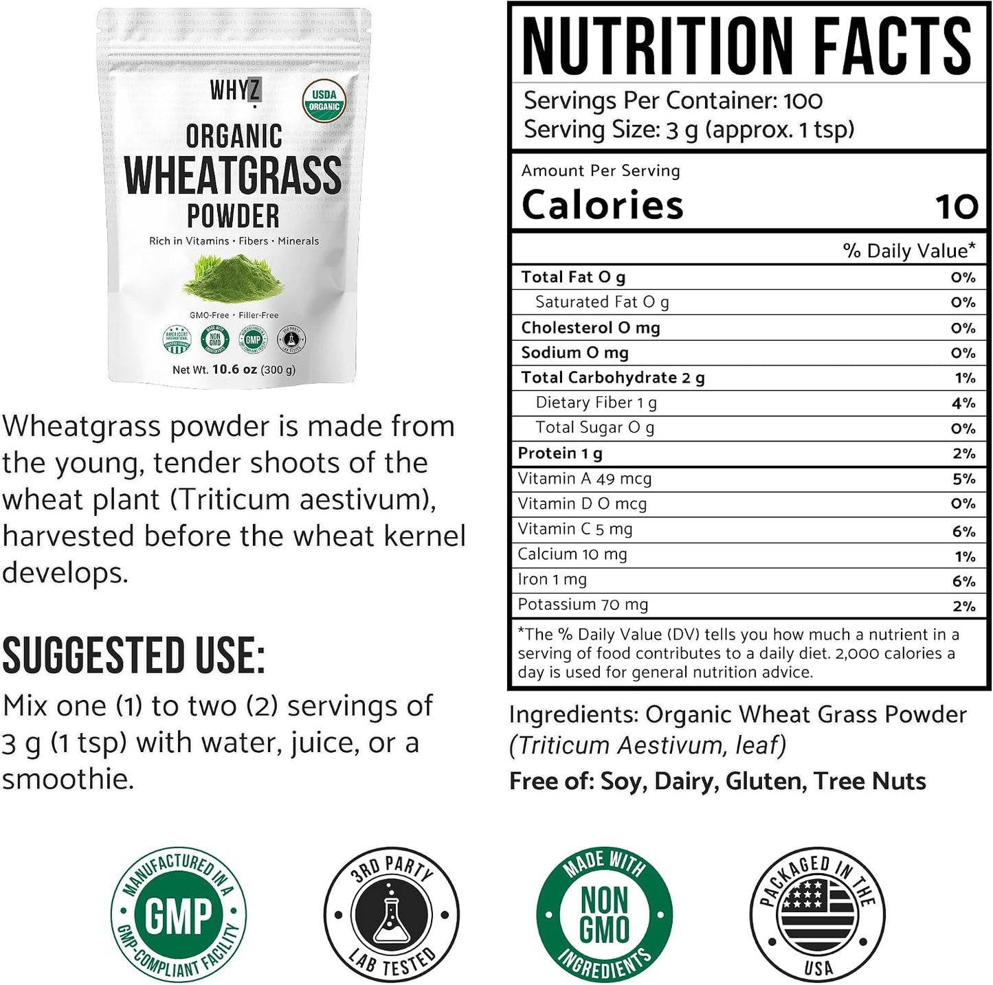WHYZ Organic Wheat Grass Powder, 300g