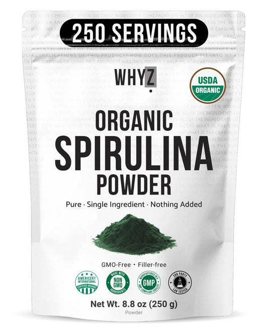WHYZ Organic Spirulina Powder 250g - Pure Single Ingredient, USDA Organic, GMO-Free, 250 Servings