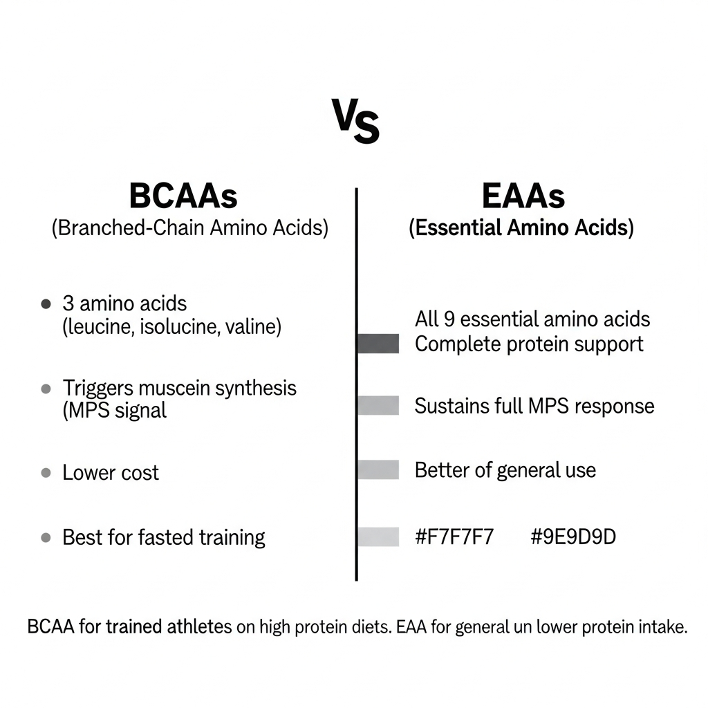BCAA vs EAA comparison infographic showing key differences between branched-chain and essential amino acids