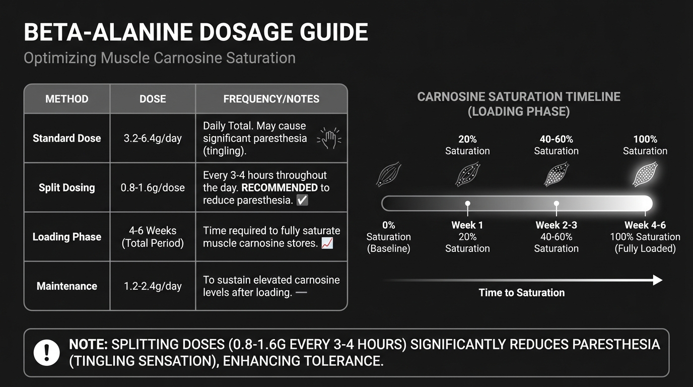 Beta-alanine dosage guide infographic showing standard dose, split dosing protocol, loading phase timeline, and maintenance dose