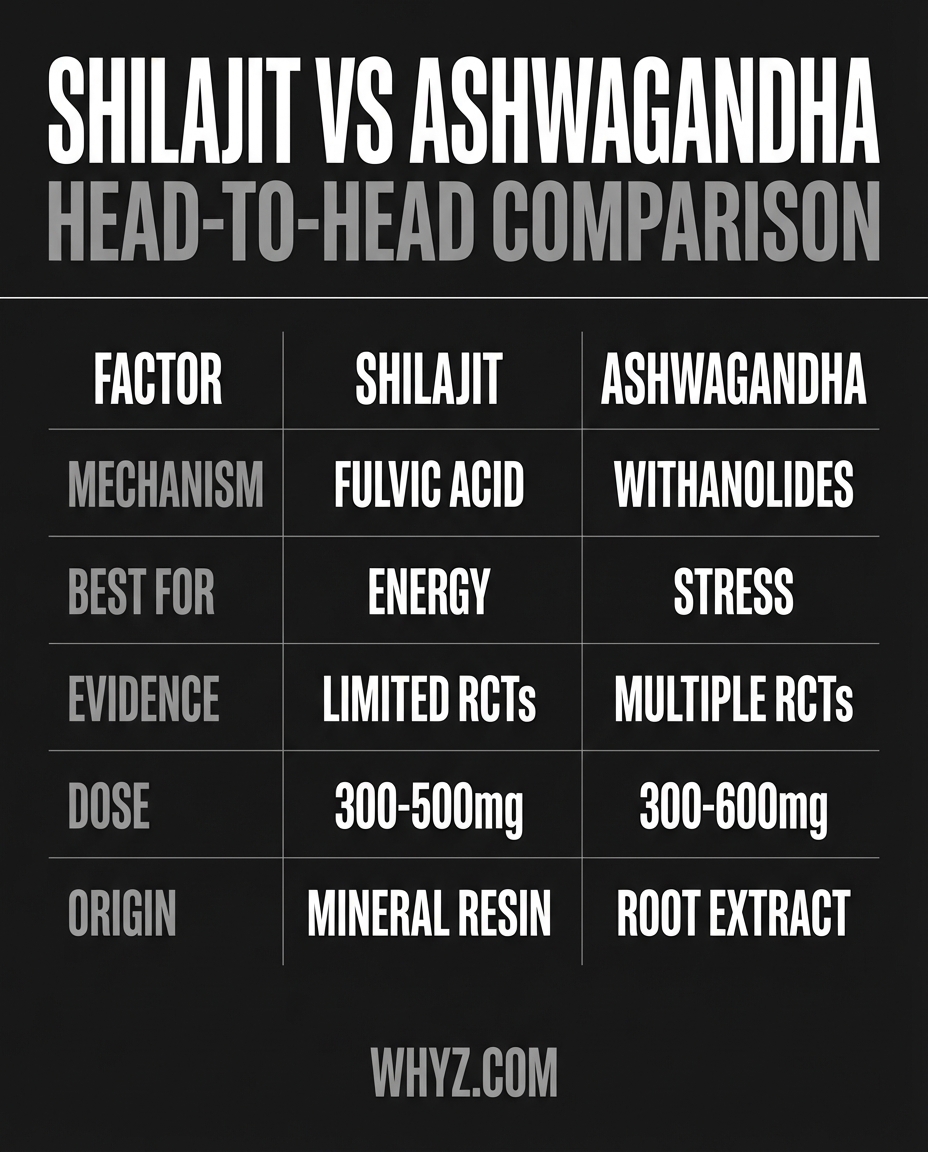 Shilajit vs Ashwagandha comparison infographic
