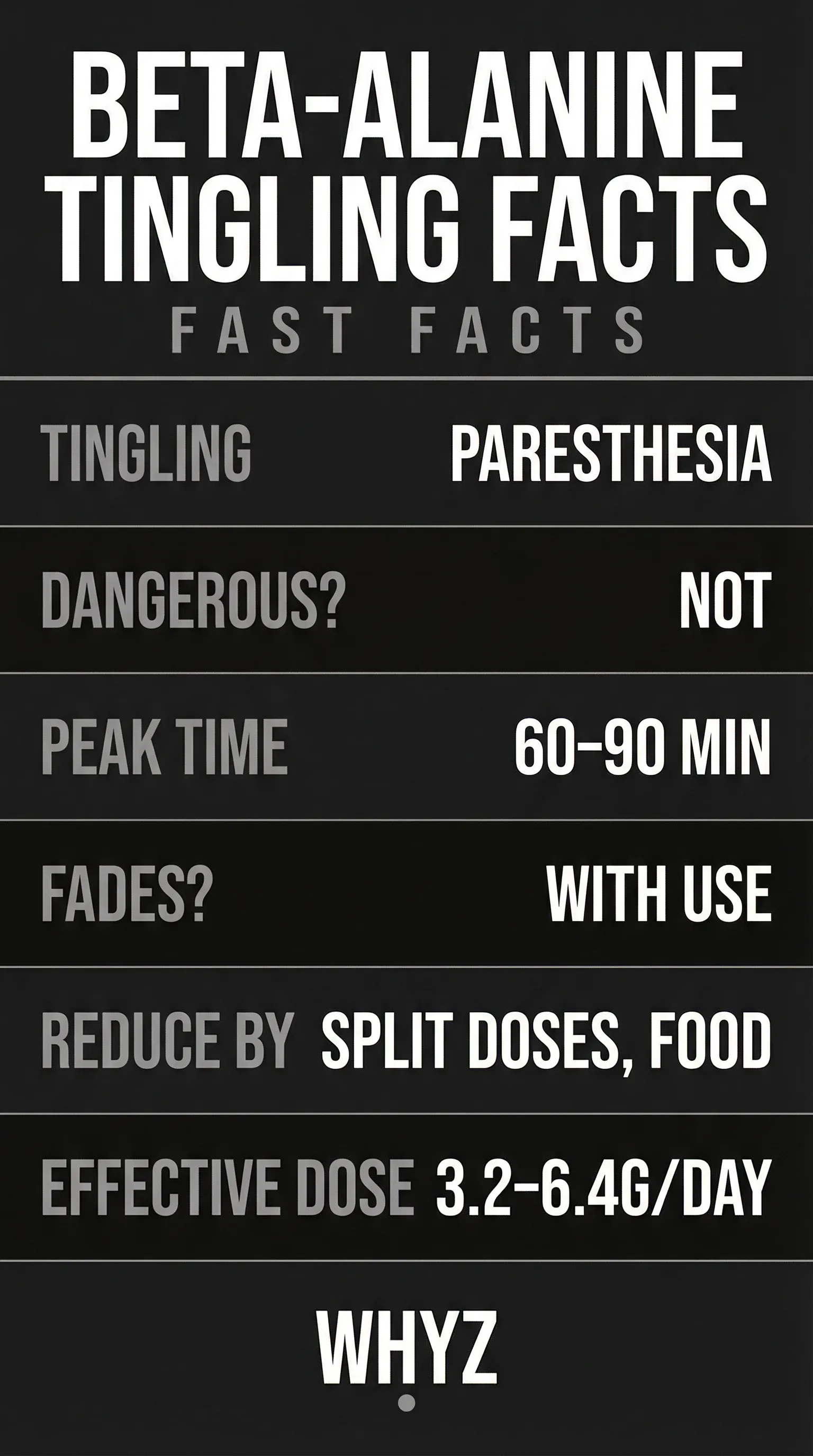 Beta-alanine tingling facts: infographic explaining paresthesia mechanism, duration, dose splitting strategy, and safety profile