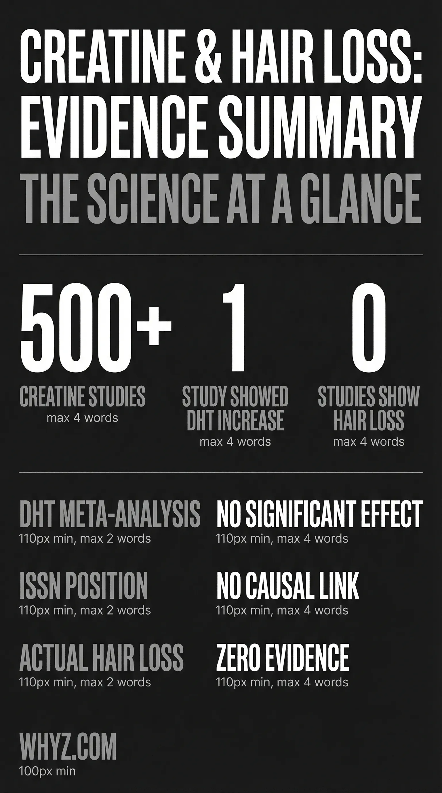 Creatine and hair loss evidence summary infographic showing 1 study found DHT increase versus 22 studies in meta-analysis finding no significant effect