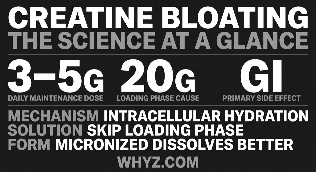 Creatine bloating guide: infographic comparing intracellular vs subcutaneous water retention, loading vs maintenance dosing, and five tips to avoid GI distress